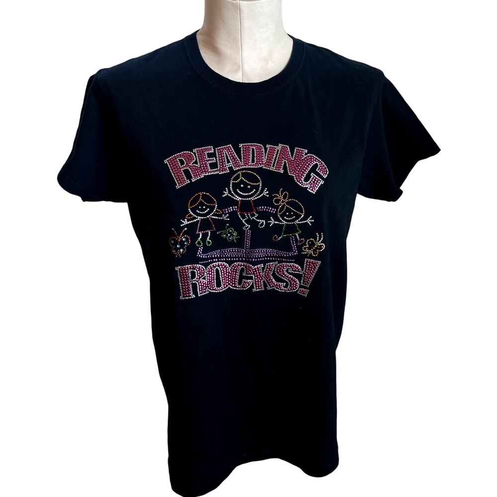 Gildan Teacher Reading Rocks Black cotton Rhinestone Tshirt Women medium School
